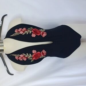 Discovery Black Floral Applique Halter Bodysuit, L